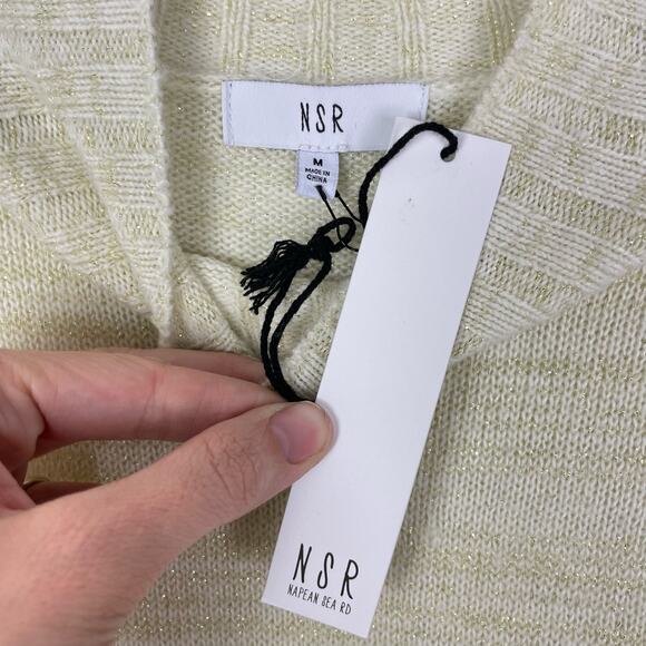 NSR | NWT Napean Sea Rd Ivory & Gold Metallic Threading Mock Neck Knit Sweater - Picture 9 of 12